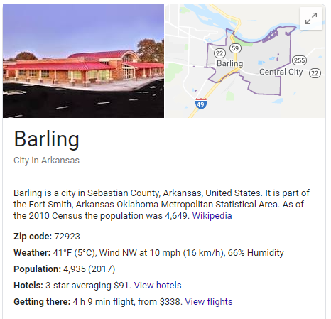 A screenshot of the Wikipedia entry for Barling, where Riverview Turfworks services residential and commercial lawns.