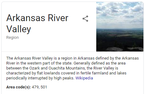 A screenshot taken of Wikipedia of the entry for Arkansas River Valley where Riverview Turfworks is located.
